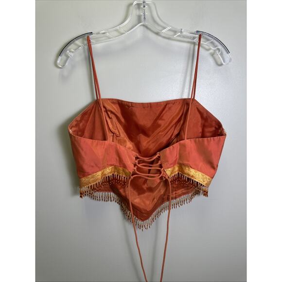 VTGY2K Niki Livas Corset Top 14 Spaghetti Strap Gold Trip Beaded Fringe Orange - Picture 2 of 9